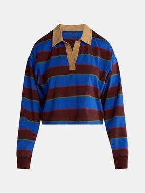 Stranger Things Striped Rugby Polo in Blue and Burgundy with Tan Collar
